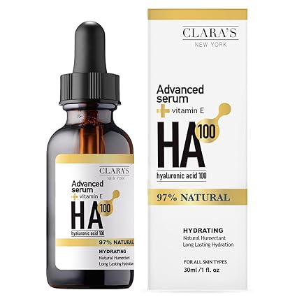 CLARA'S NEW YORK 100 Pure Advanced Hyaluronic Acid Facial Serum 30ml com Vitamina E para Encanamento, Anti Envelhecimento e Hidratação Intensa, Pele Hidratada - Made in USA 30ml (1Fl/Oz)